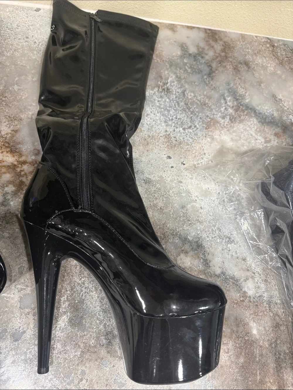 Ellie Glossy Black Patent Platform Thigh-High Boots